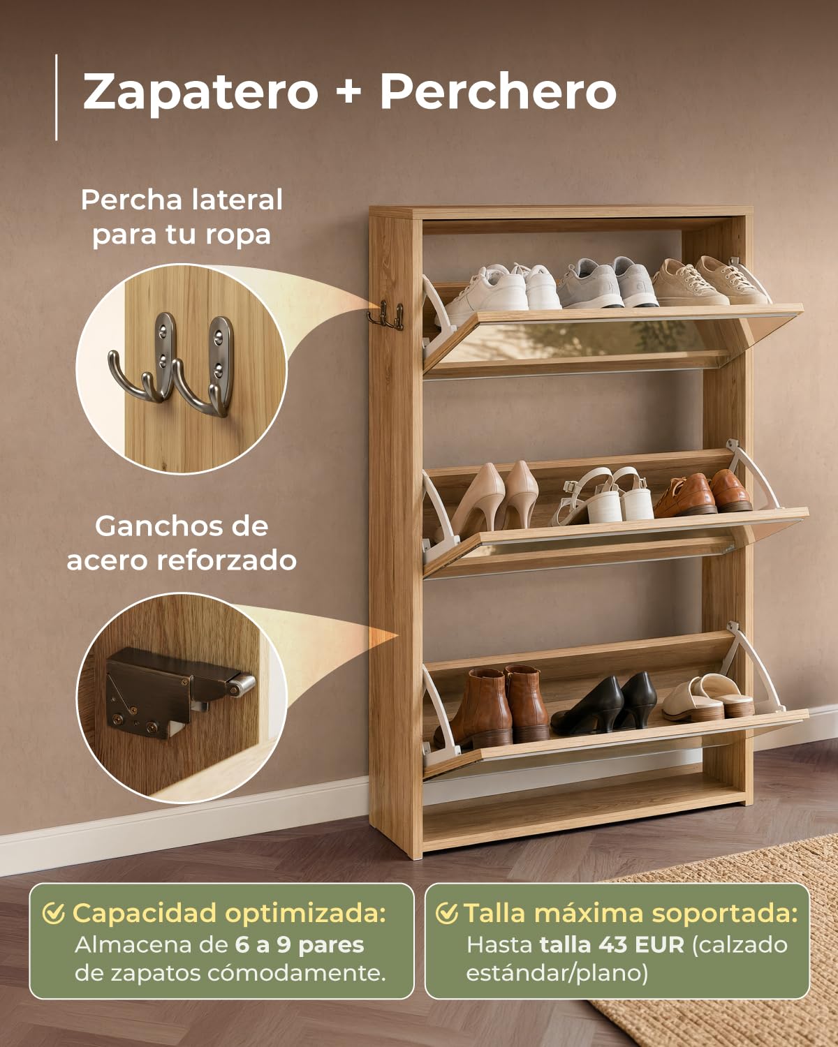 Zapatero estrecho con espejo Marctani de 3 puertas abatibles en acabado madera.