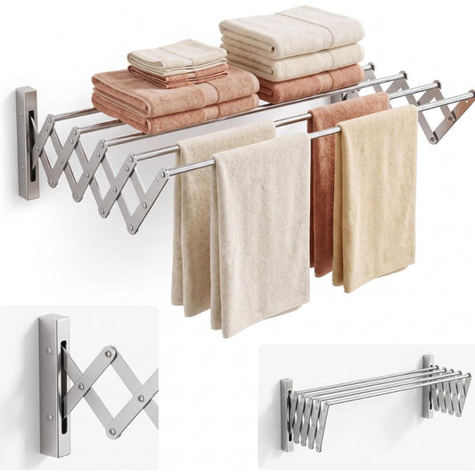 Tendedero extensible de pared Marctani en acero inoxidable totalmente desplegado.