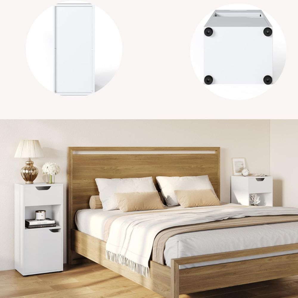 Diseño ultra compacto de la mesita Marctani optimizando un dormitorio pequeño.