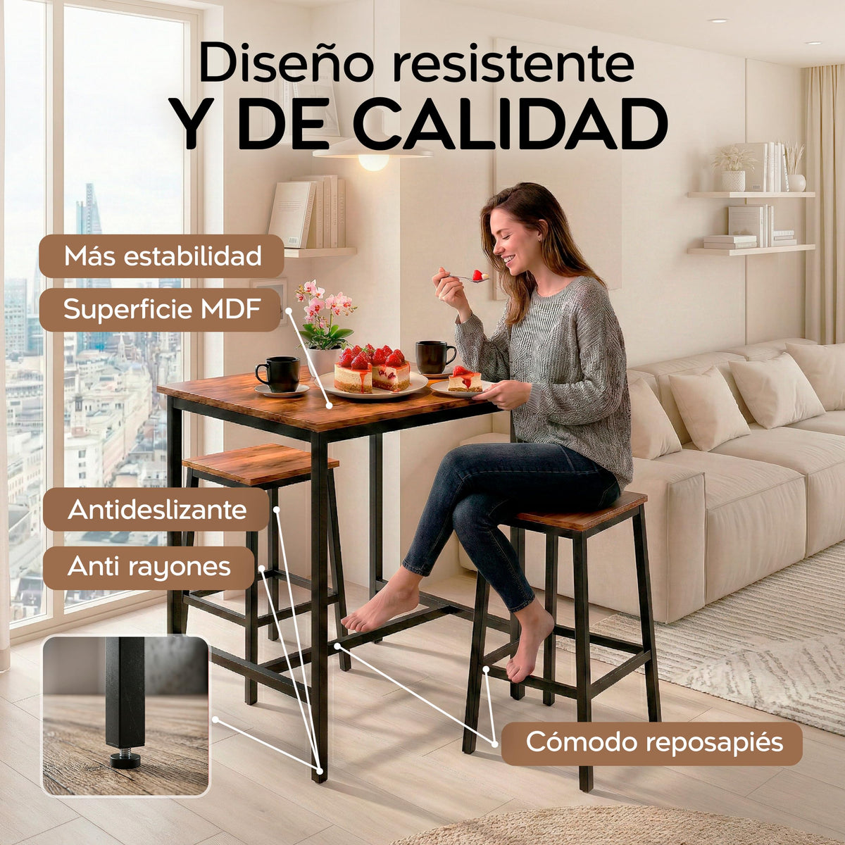 Vista lateral exponiendo las cotas de 60 x 40 cm de la mesa alta de cocina.
