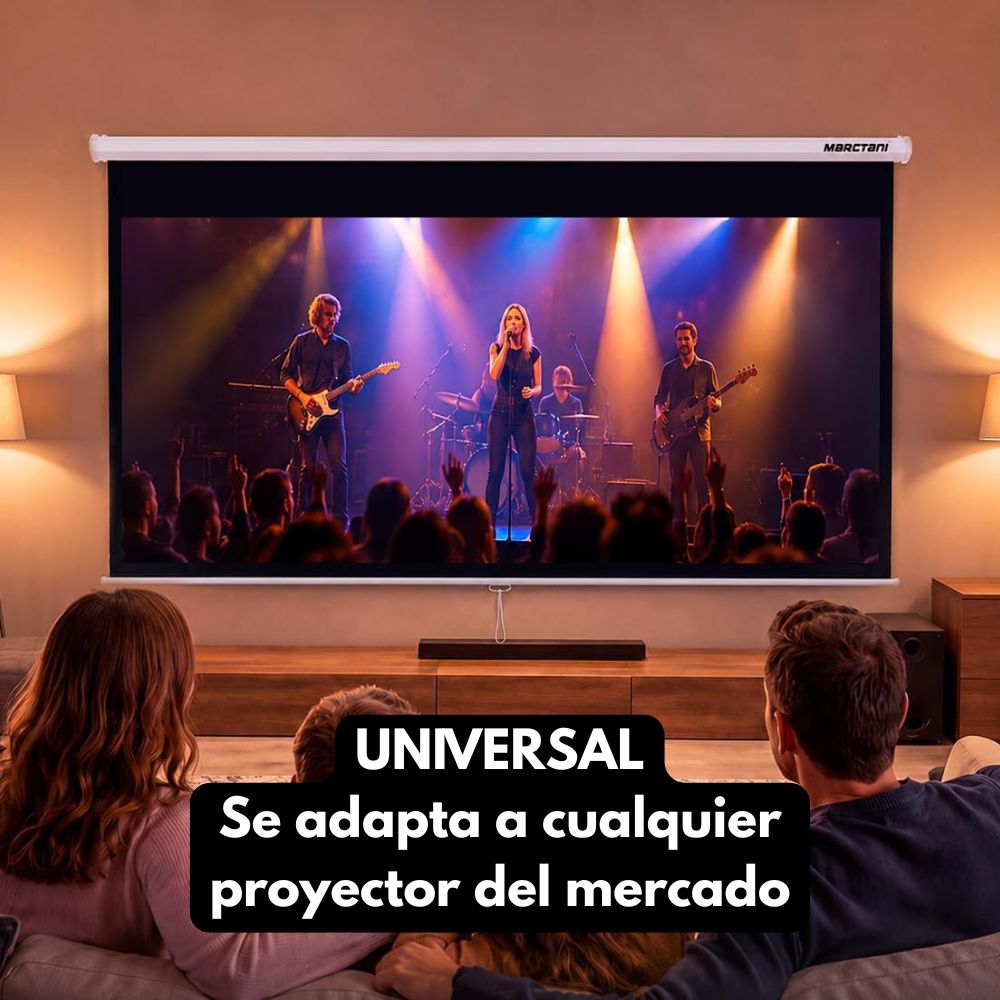 Pantalla de proyección desplegada en un salón moderno mostrando una imagen nítida para cine en casa.