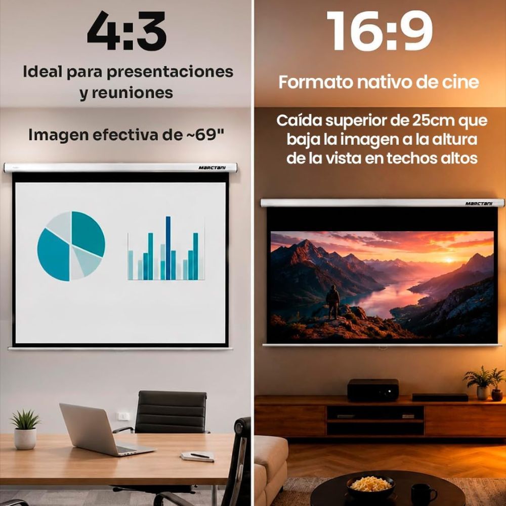 Esquema de medidas y anclajes del cajetín para las pantallas Marctani disponibles en 72, 84 y 120 pulgadas.