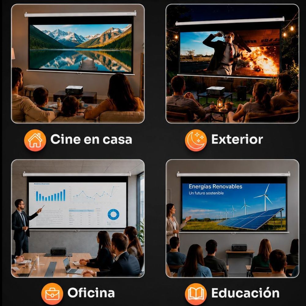 Pantalla de proyección desplegada en un salón moderno mostrando una imagen nítida para cine en casa.