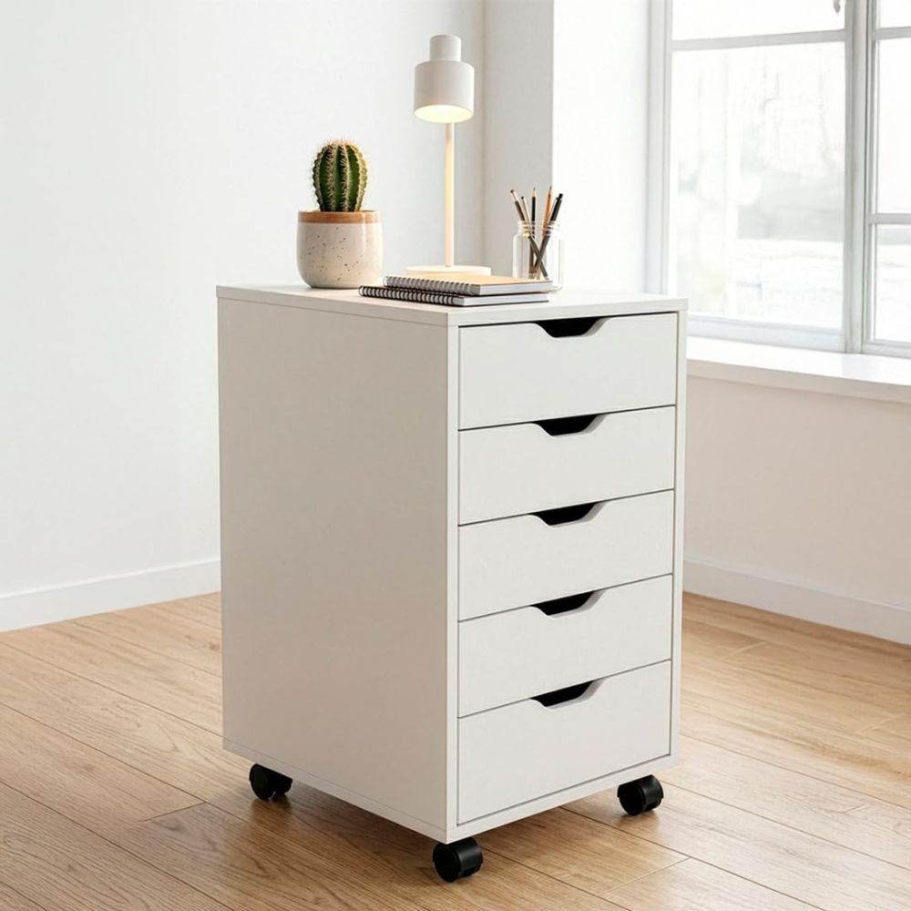 Marctani Cajonera de Oficina Blanca, 5 Cajones, Madera, con Ruedas (40x40x67 cm)