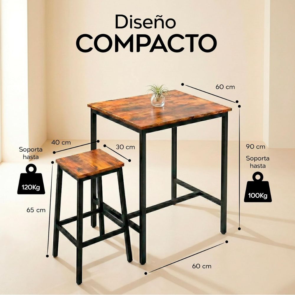 Vista lateral exponiendo las cotas de 60 x 40 cm de la mesa alta de cocina.