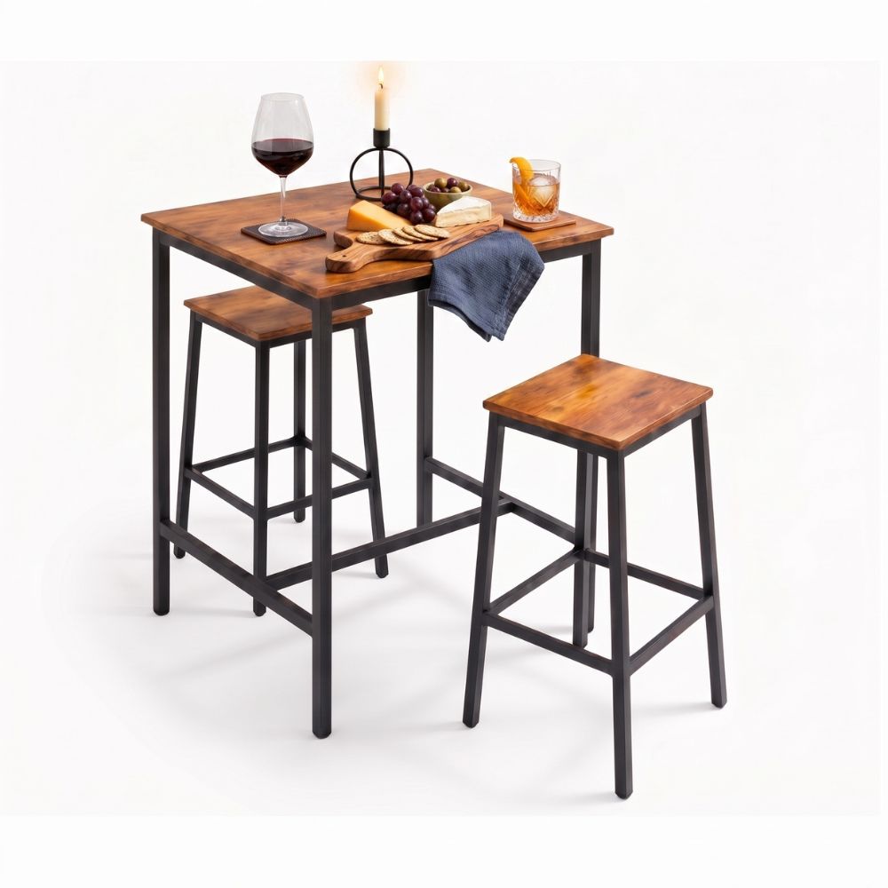 Mesa alta de cocina de melamina y metal instalada en un área de desayuno.