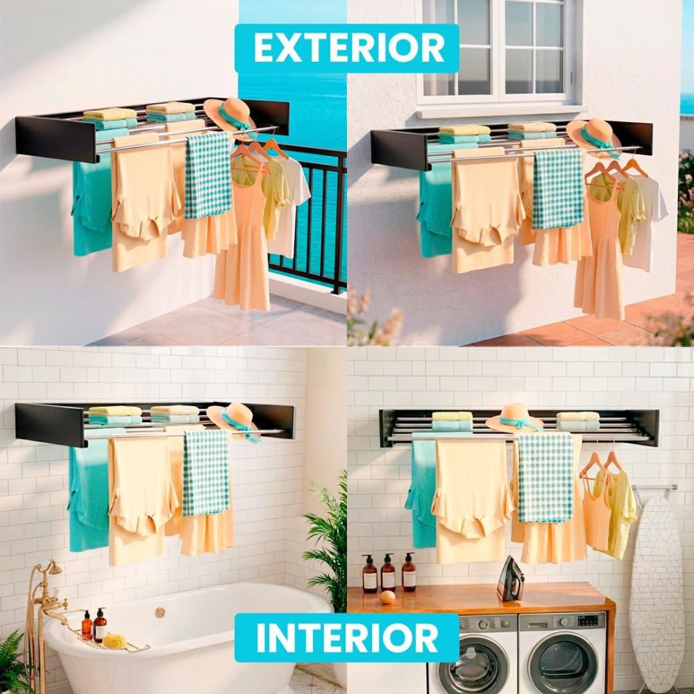 Marctani Tendedero Extensible de Pared, Acero Inoxidable, 30kg (Blanco/Negro, Varias Medidas)