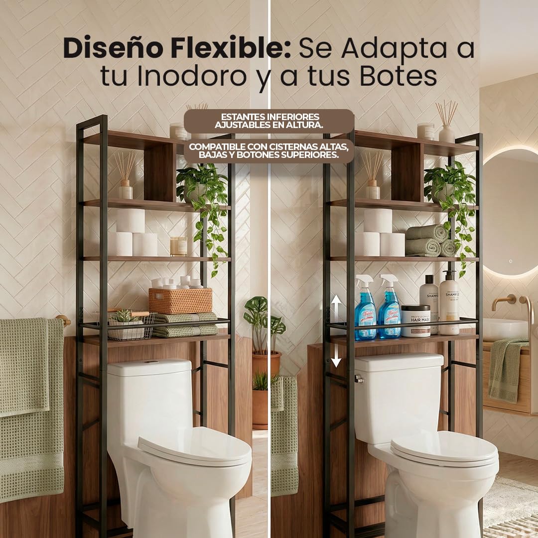 Mueble organizador estilo escandinavo instalado sobre un inodoro estándar con artículos de higiene