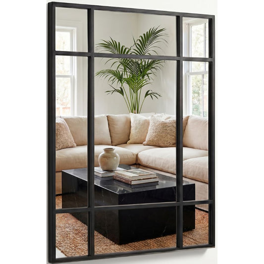 Marctani Espejo Ventana Decorativo 90x60 cm, Metal, Industrial (Negro/Dorado)