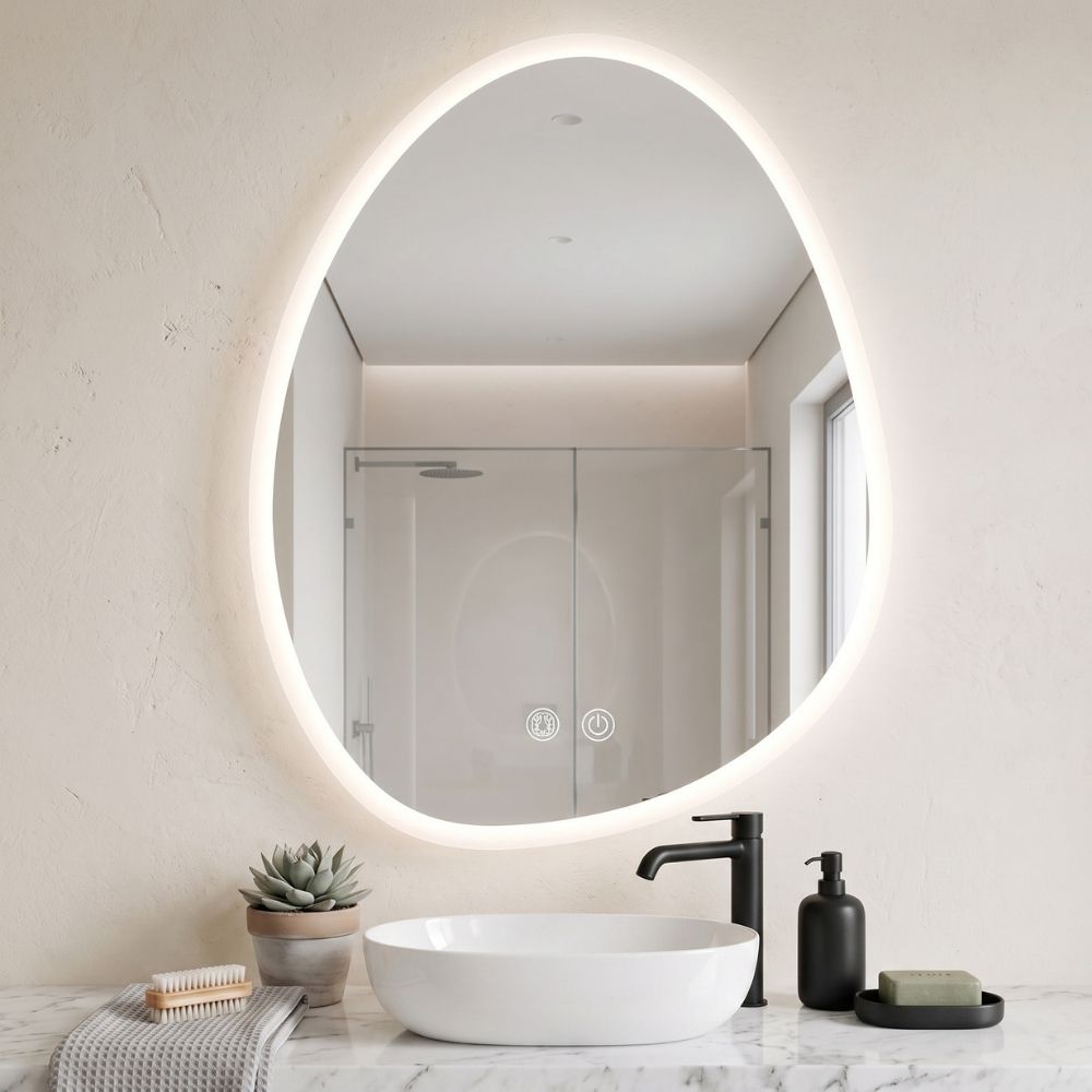 Espejo de baño irregular inteligente Marctani con luz LED frontal encendida.