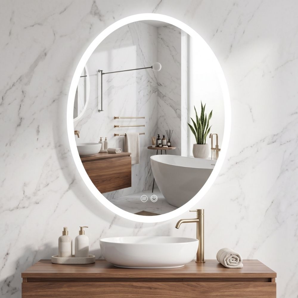Espejo de baño irregular inteligente Marctani con luz LED frontal encendida.