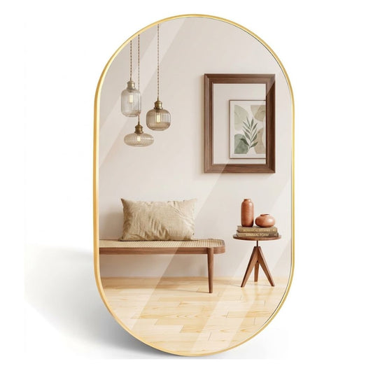 Espejo ovalado de pared Marctani con marco metálico fino en acabado dorado elegante.