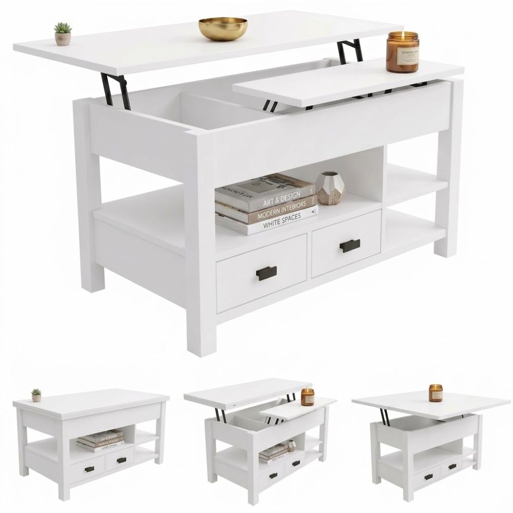 Mesa de centro elevable y extensible Marctani cerrada en acabado blanco.