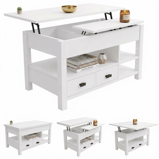 Mesa de centro elevable y extensible Marctani cerrada en acabado blanco.