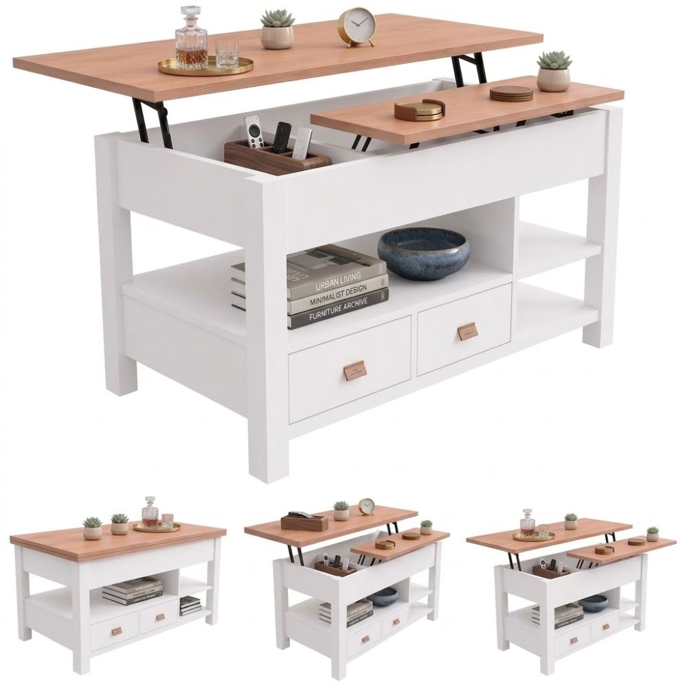 Mesa de centro multifuncional en tono madera configurada como escritorio.