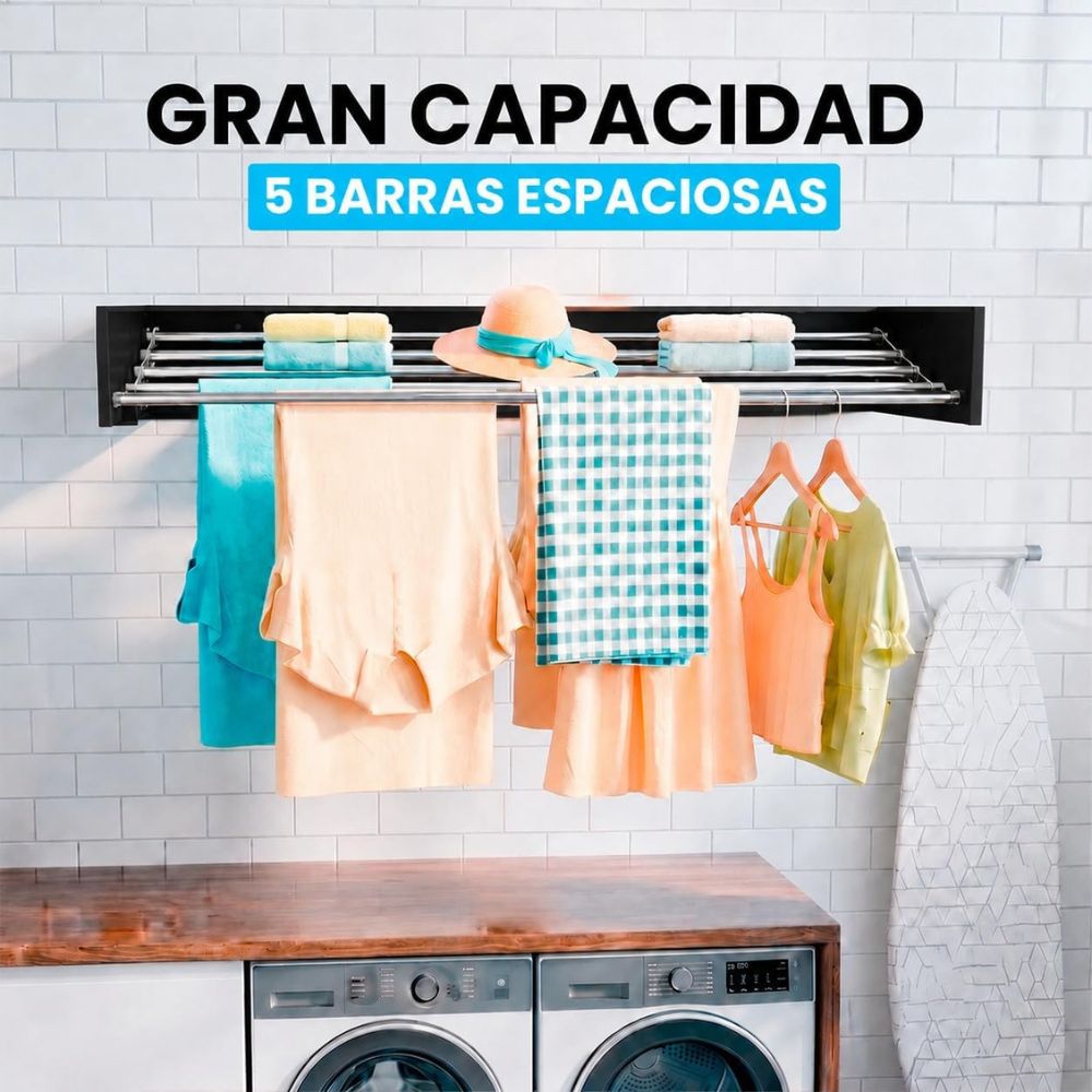 Marctani Tendedero Extensible de Pared, Acero Inoxidable, 30kg (Blanco/Negro, Varias Medidas)