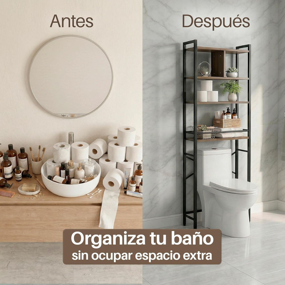 Mueble organizador estilo escandinavo instalado sobre un inodoro estándar con artículos de higiene